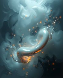 Immerse yourself in a classic oil painting style brought to life with thick fog and glassy, fluid 3D shapes in motion. The sc