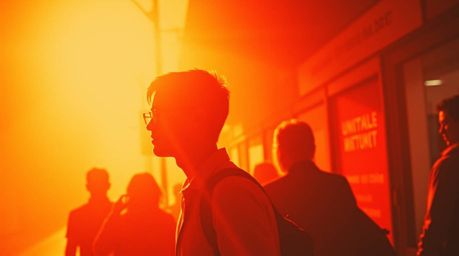 Explore the raw emotion of candid street photography captured with intense dramatic lighting, a warm terracotta and cool teal