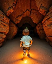 A precise architectural color photograph showcases a child with short brown hair following a trail of glowing footsteps into 