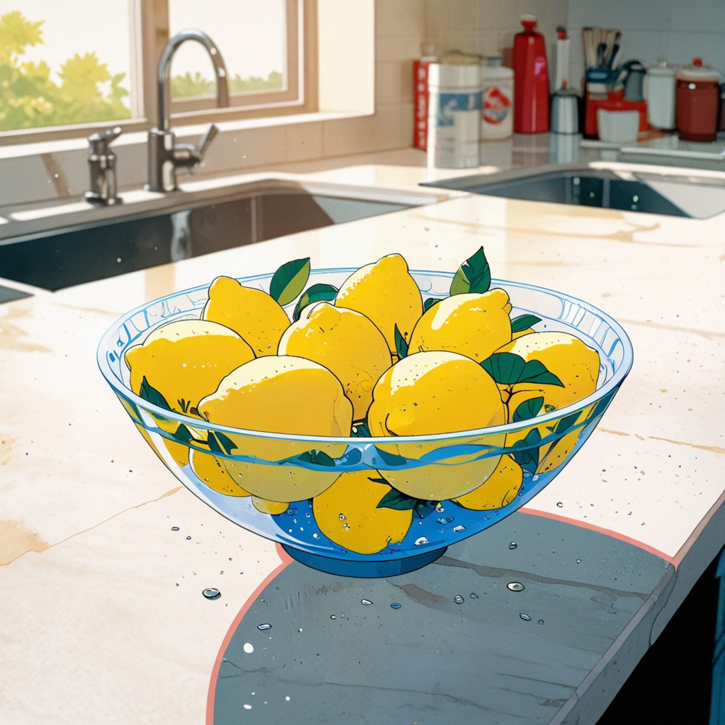 A visually appealing image capturing the freshness and vibrancy of lemons. The lemons are presented in a bowl on a polished c
