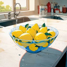 A visually appealing image capturing the freshness and vibrancy of lemons. The lemons are presented in a bowl on a polished c