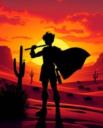 Witness a brave hero silhouetted against a stunning desert sunset, embodying the spirit of a Disney-style adventure. The comp