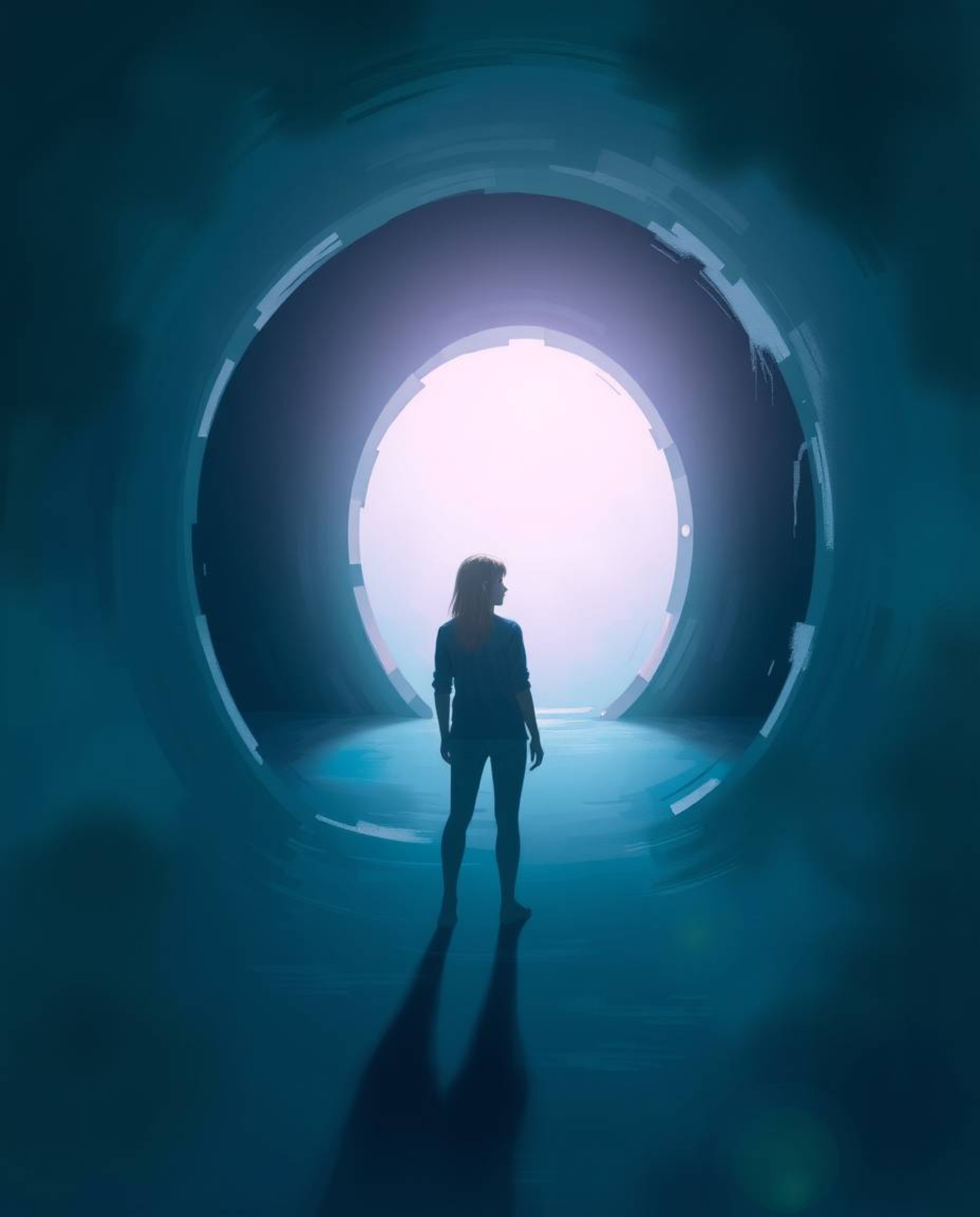 A digital painting capturing a figure standing at the mouth of a tunnel, their gaze fixed on a gentle source of light.  The a