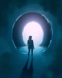 A digital painting capturing a figure standing at the mouth of a tunnel, their gaze fixed on a gentle source of light.  The a