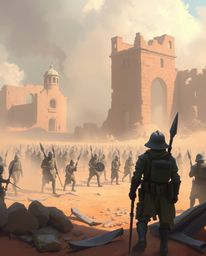 A mesmerizing battlefield scene featuring time-warped soldiers and decaying architecture, all rendered in delicate pastel hue
