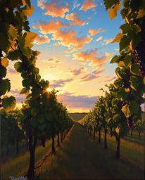 This classic oil painting captures a sunset over a vineyard from a dramatic low-angle perspective. The rich textures and visi