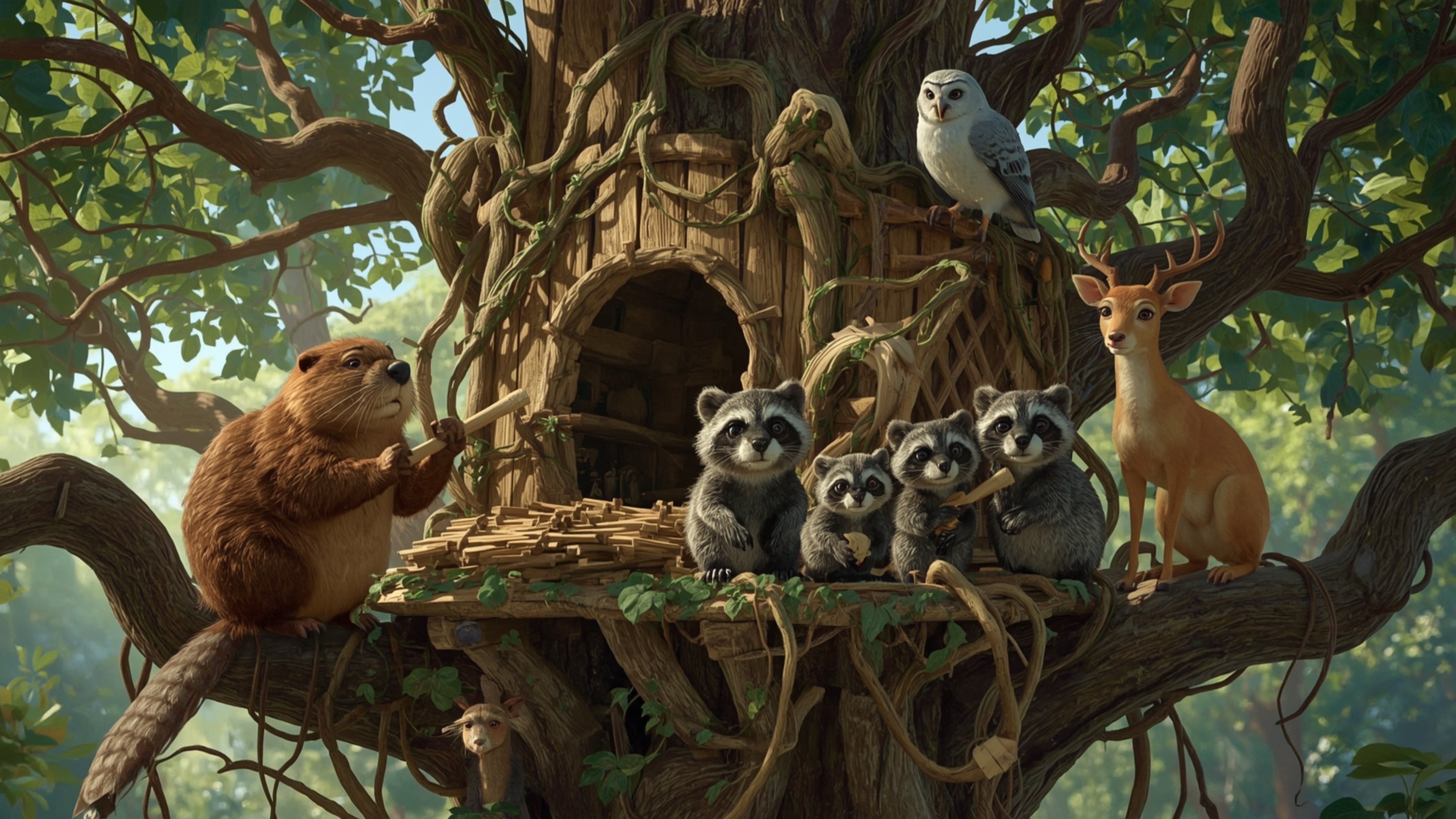 A high-resolution, commercial-grade stock photo, reminiscent of Pixar's signature style, depicts a beaver and a diverse group