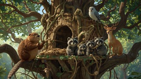 A high-resolution, commercial-grade stock photo, reminiscent of Pixar's signature style, depicts a beaver and a diverse group