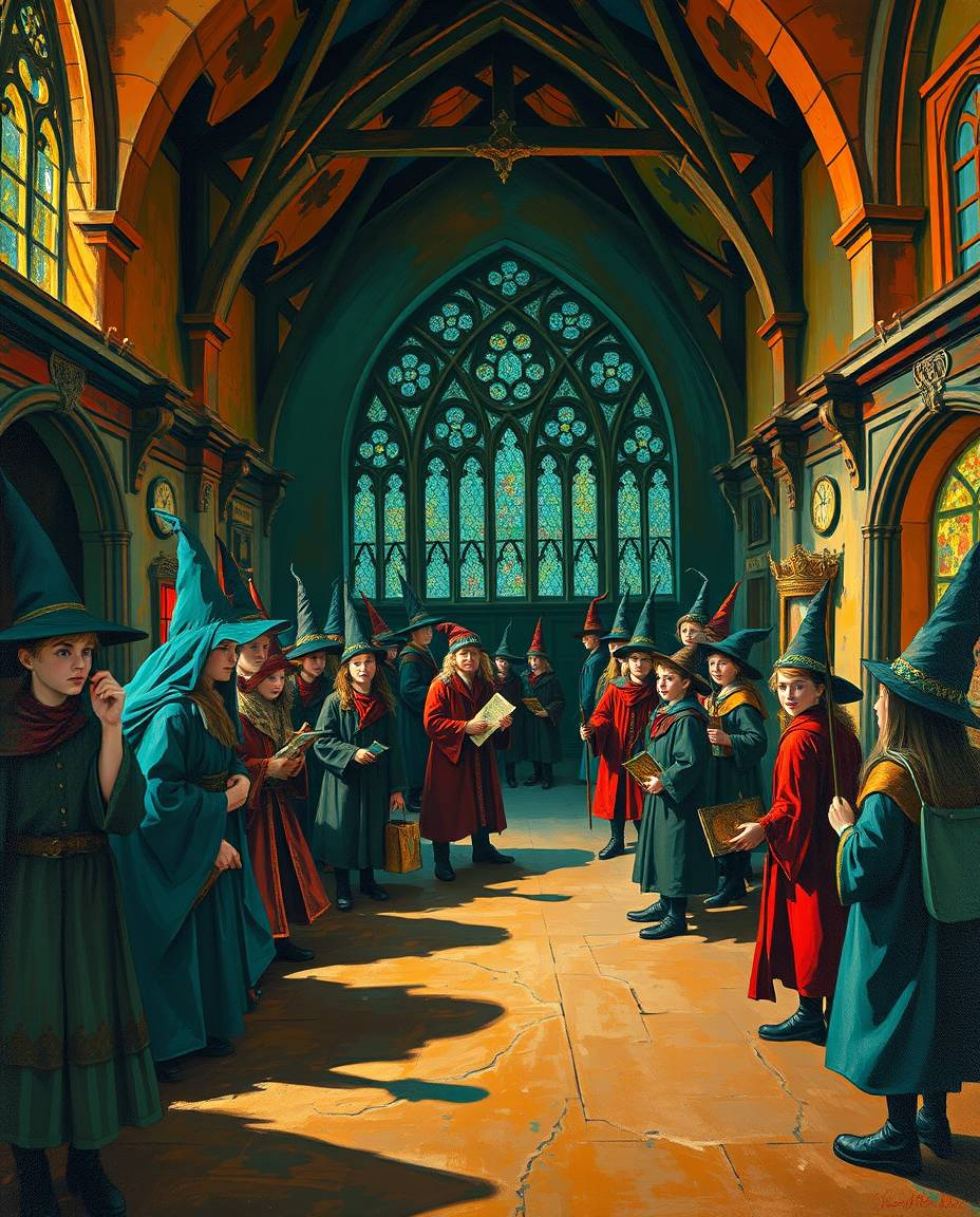 Immerse yourself in a magical school brimming with young wizards, brought to life in a classic oil painting style.  The vibra