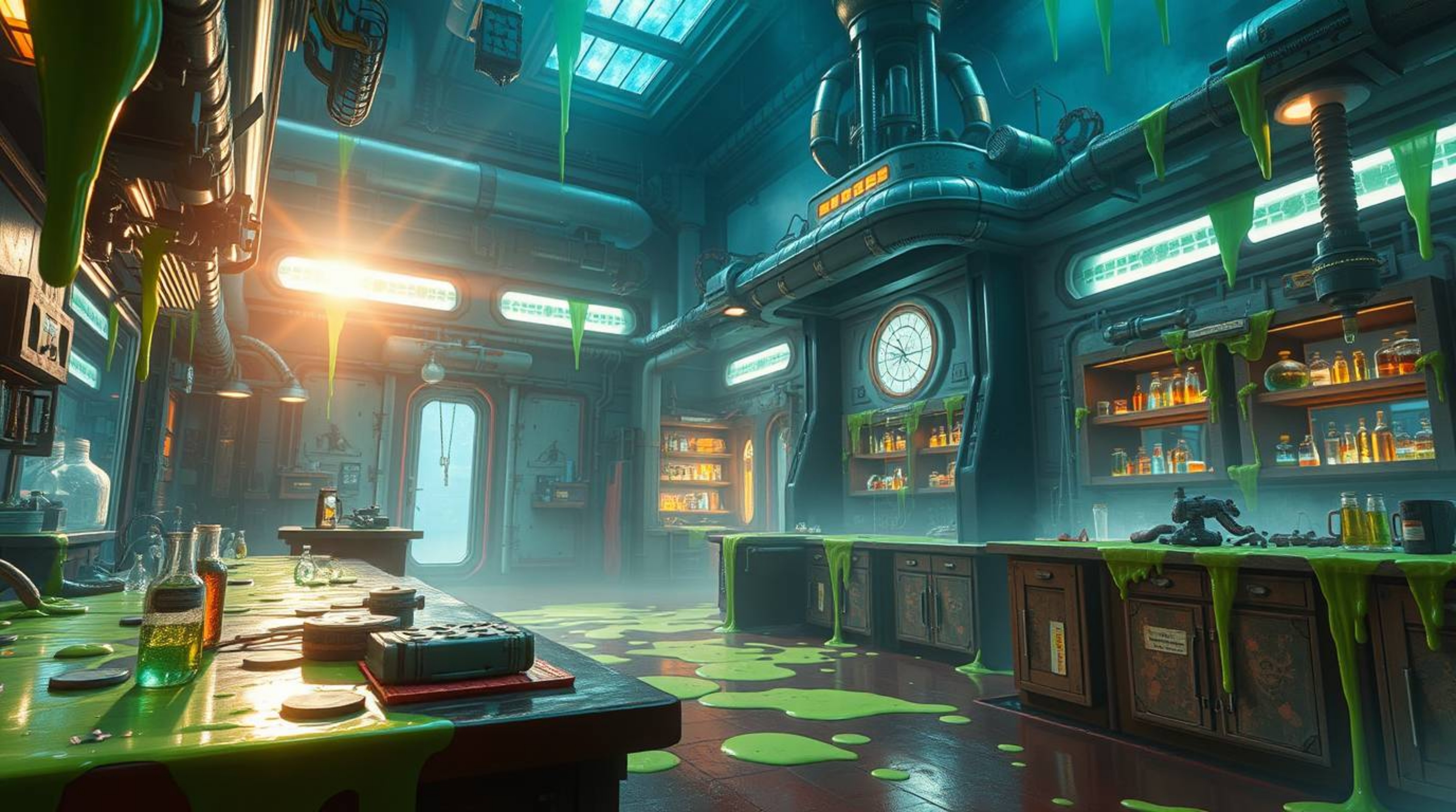 Explore a grand and epic scene within a slime-covered science lab, set in a futuristic world. Experience the dramatic lens gl