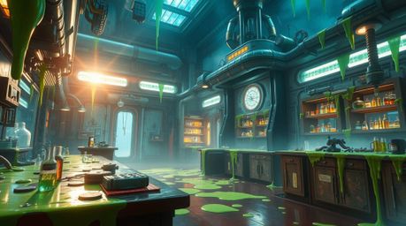 Explore a grand and epic scene within a slime-covered science lab, set in a futuristic world. Experience the dramatic lens gl