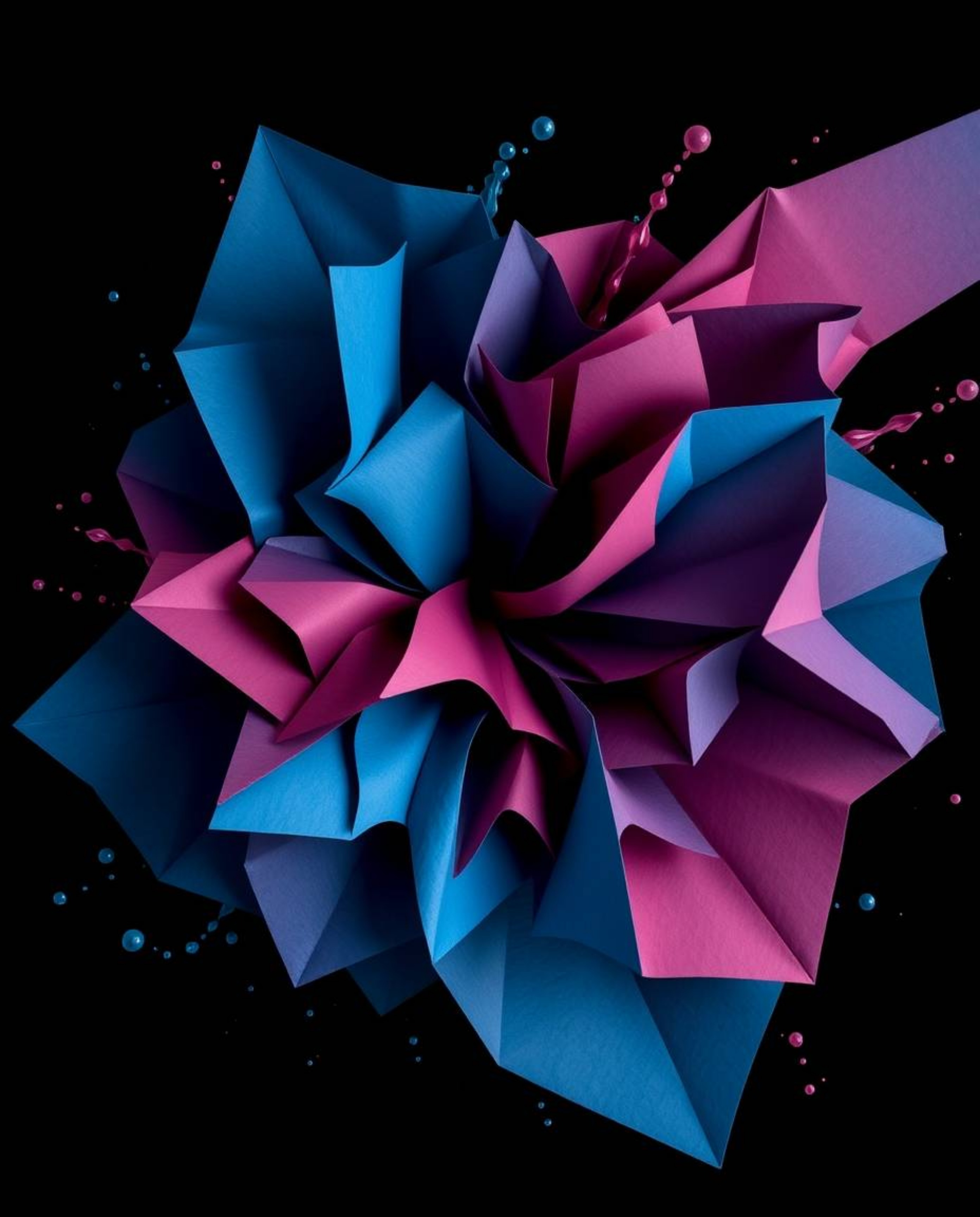 Explore the captivating interplay of rich burgundy and deep blue hues in intricate origami-style patterns against a striking 