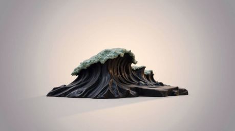 A captivating cast bronze sculpture depicts the dramatic scene of waves crashing against cliffs at sunset.  The jet-black pat