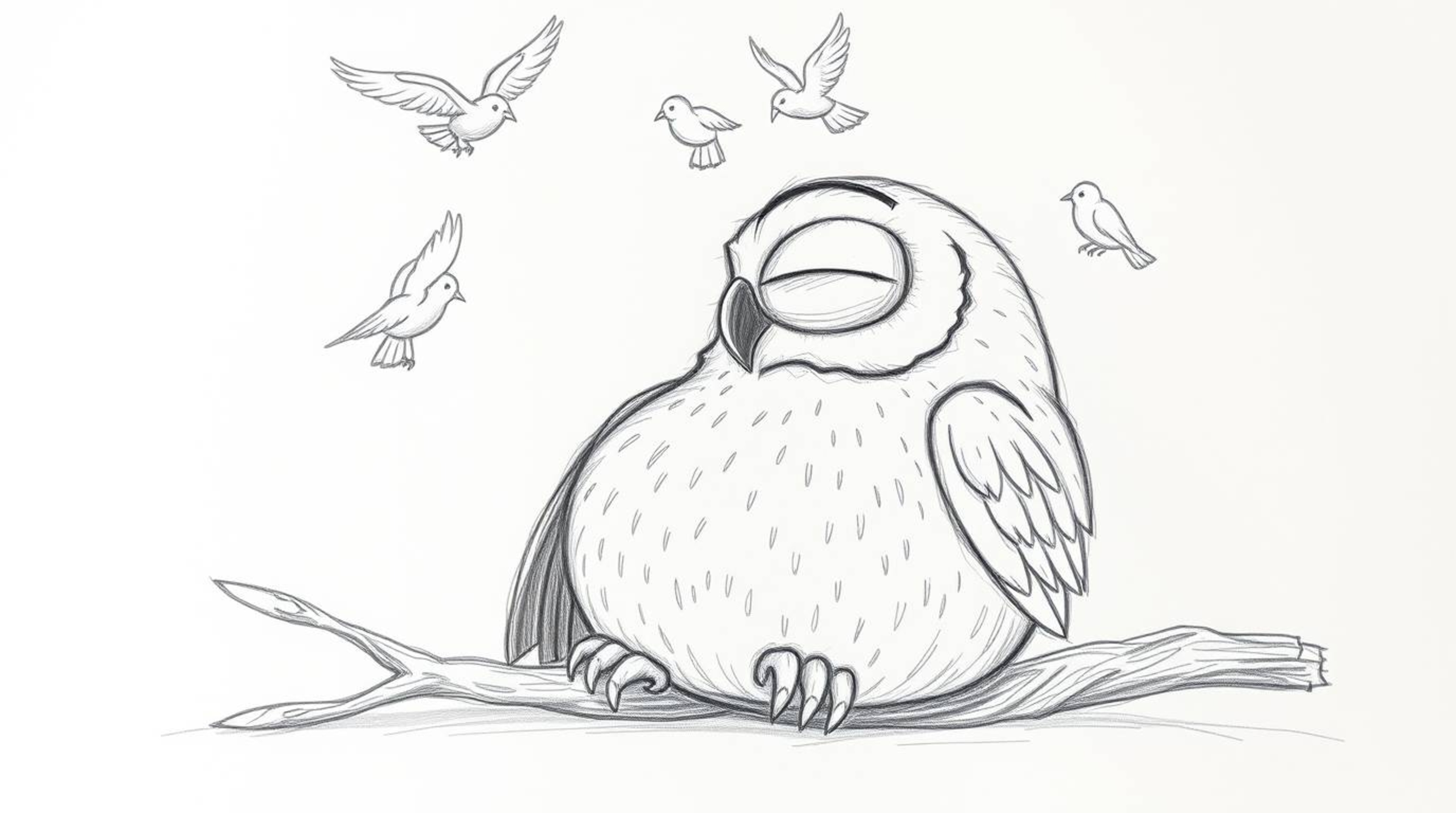 A heartwarming hand-drawn sketch depicts a blind owl, rendered in the iconic Pixar style, finding peace as birds joyfully cir