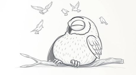 A heartwarming hand-drawn sketch depicts a blind owl, rendered in the iconic Pixar style, finding peace as birds joyfully cir