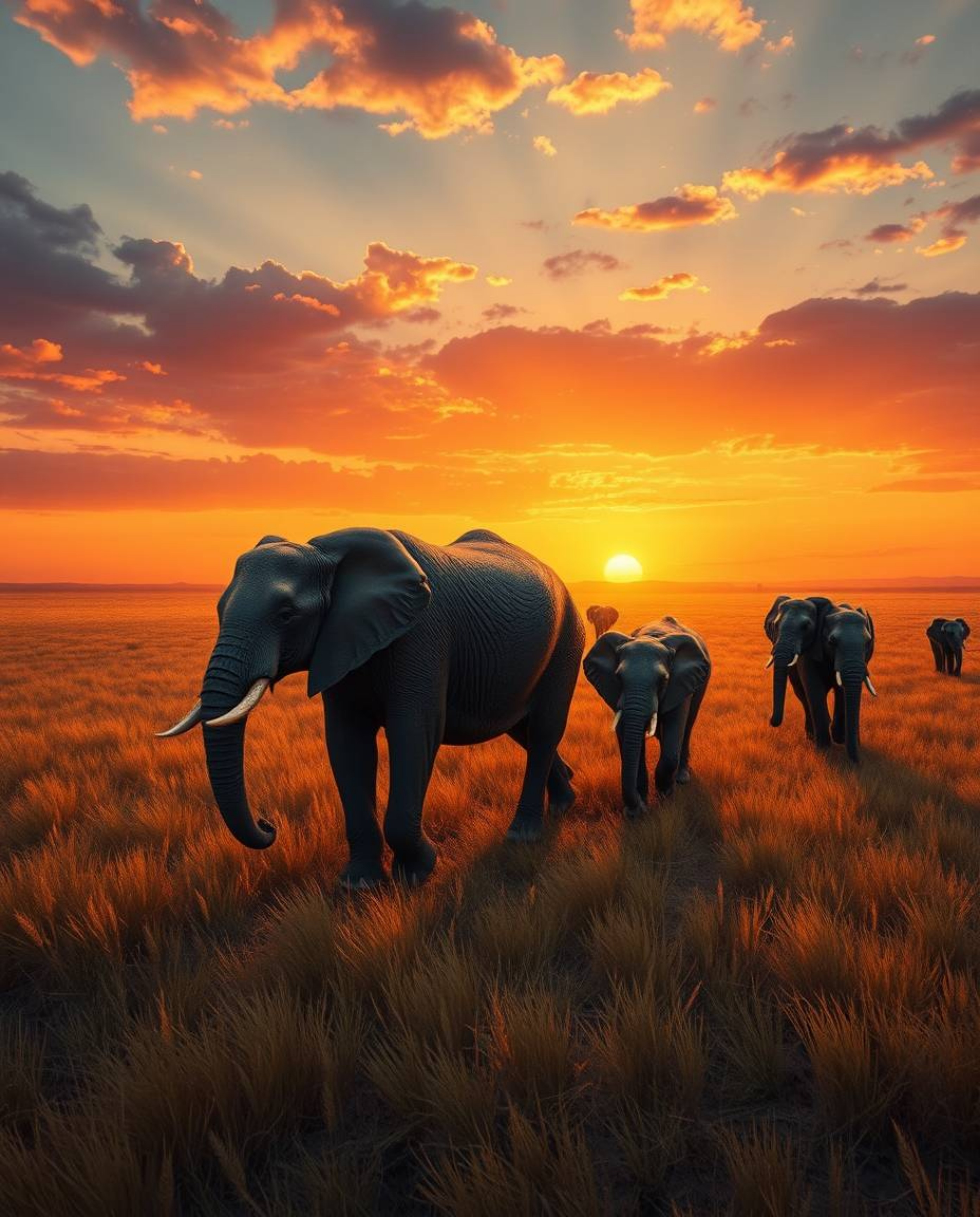 This is a digital painting of elephants walking across a field at sunset, uniquely captured from a top-down perspective. The 