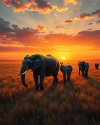 This is a digital painting of elephants walking across a field at sunset, uniquely captured from a top-down perspective. The 