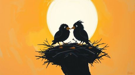 This bold acrylic painting depicts two cartoon birds diligently building a nest, silhouetted against a vibrant backlight. Ren