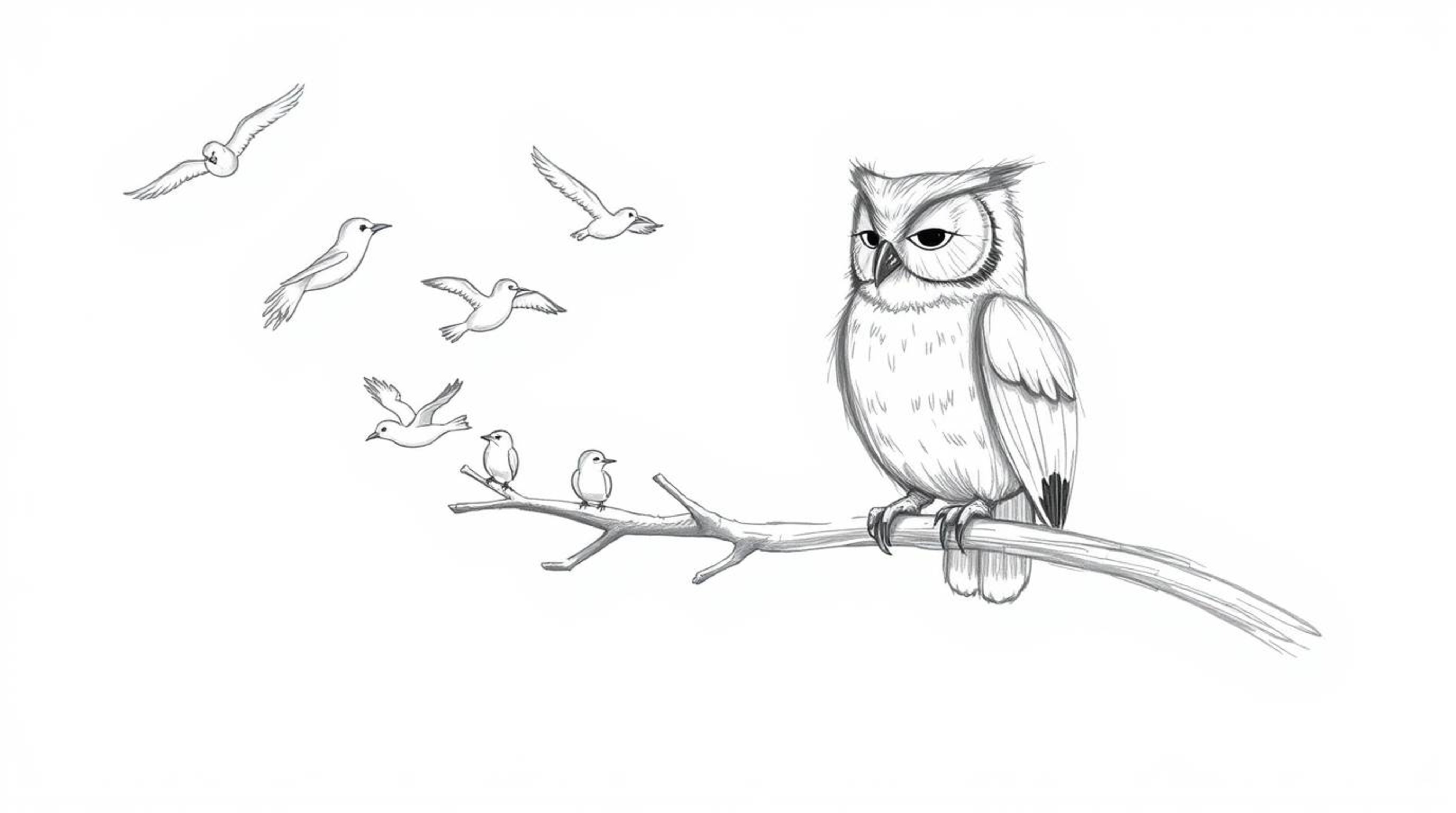 A heartwarming hand-drawn sketch reminiscent of Pixar, depicting a blind owl with soft, feathery textures mentoring a flock o