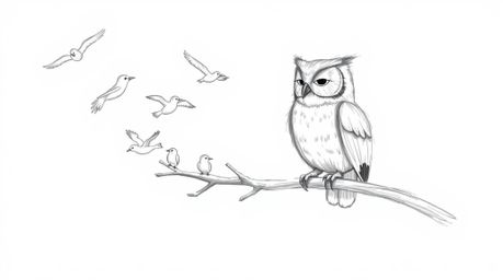 A heartwarming hand-drawn sketch reminiscent of Pixar, depicting a blind owl with soft, feathery textures mentoring a flock o