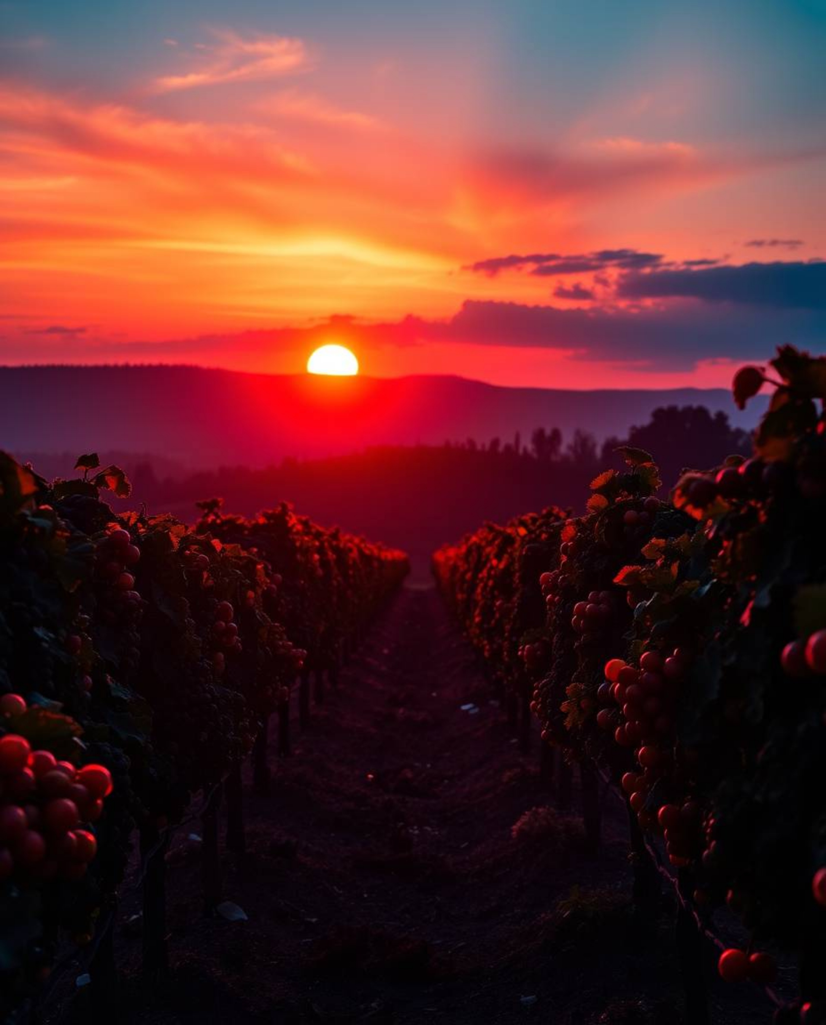 A sophisticated and elegant sunset over a vineyard, depicted with glowing bioluminescent colors of rich burgundy and deep blu