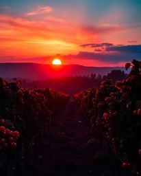 A sophisticated and elegant sunset over a vineyard, depicted with glowing bioluminescent colors of rich burgundy and deep blu