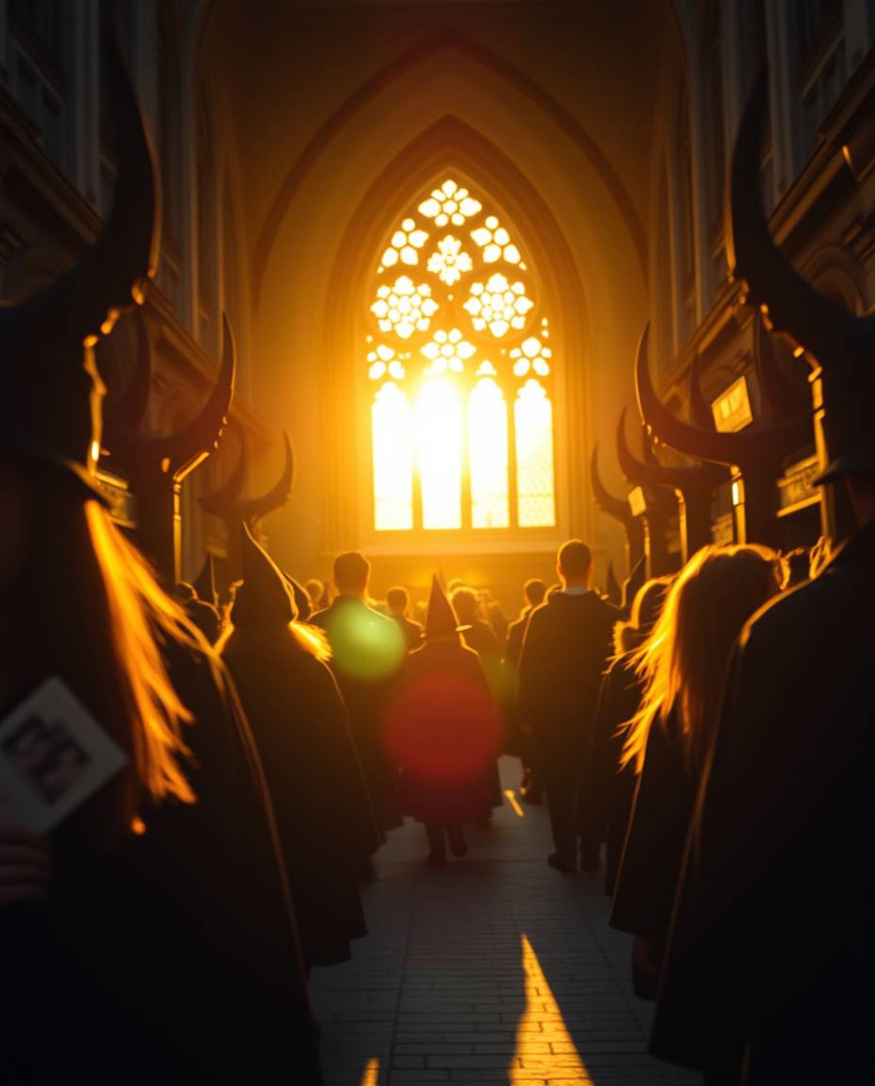 Capture the enchanting essence of a magical school bathed in the warm glow of golden hour light. This dramatic cinematic stre