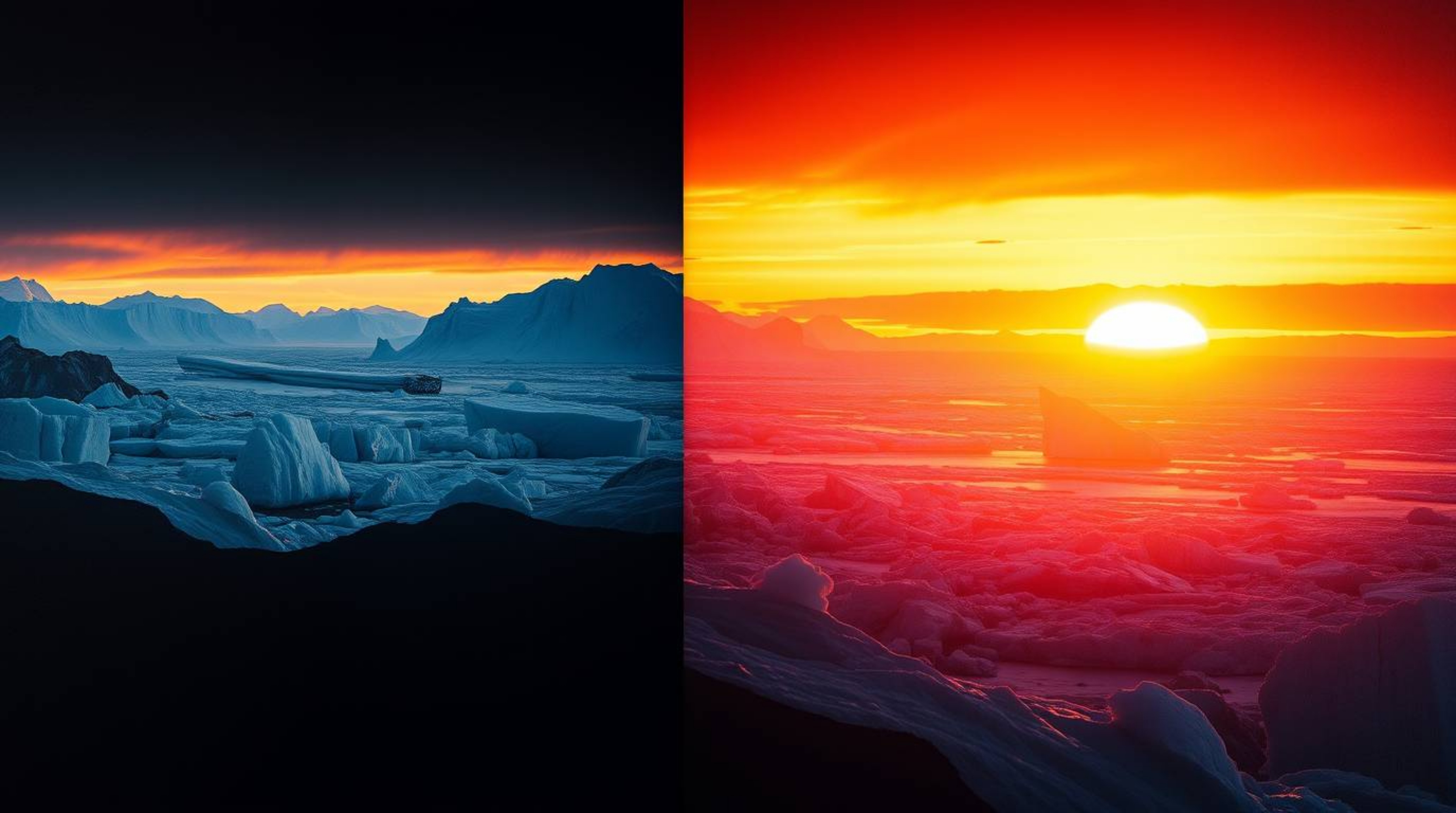 A stunning chiaroscuro artwork depicts a vibrant sunset casting dramatic shadows across icy polar glaciers. The image feature