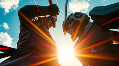 A dynamic scene unfolds from a low-angle perspective, showcasing a dramatic clash between a samurai and a robot in a dystopia
