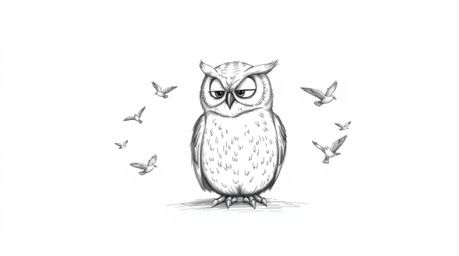 A charming hand-drawn sketch in the style of Pixar, featuring a blind owl with meticulously detailed feathers, rendered with 