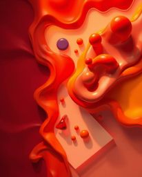 Immerse yourself in a warm, overhead bird's-eye view of vibrant 3D fluid shapes playfully interacting with sharp geometric fo