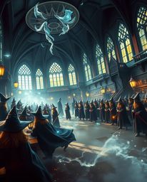 A captivating image showcasing a futuristic magical school brimming with young wizards.  Rendered in a modern style with stun
