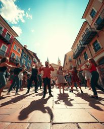 Experience a captivating musical performance filmed from a low angle in a brightly lit town square.  The dynamic scene is div