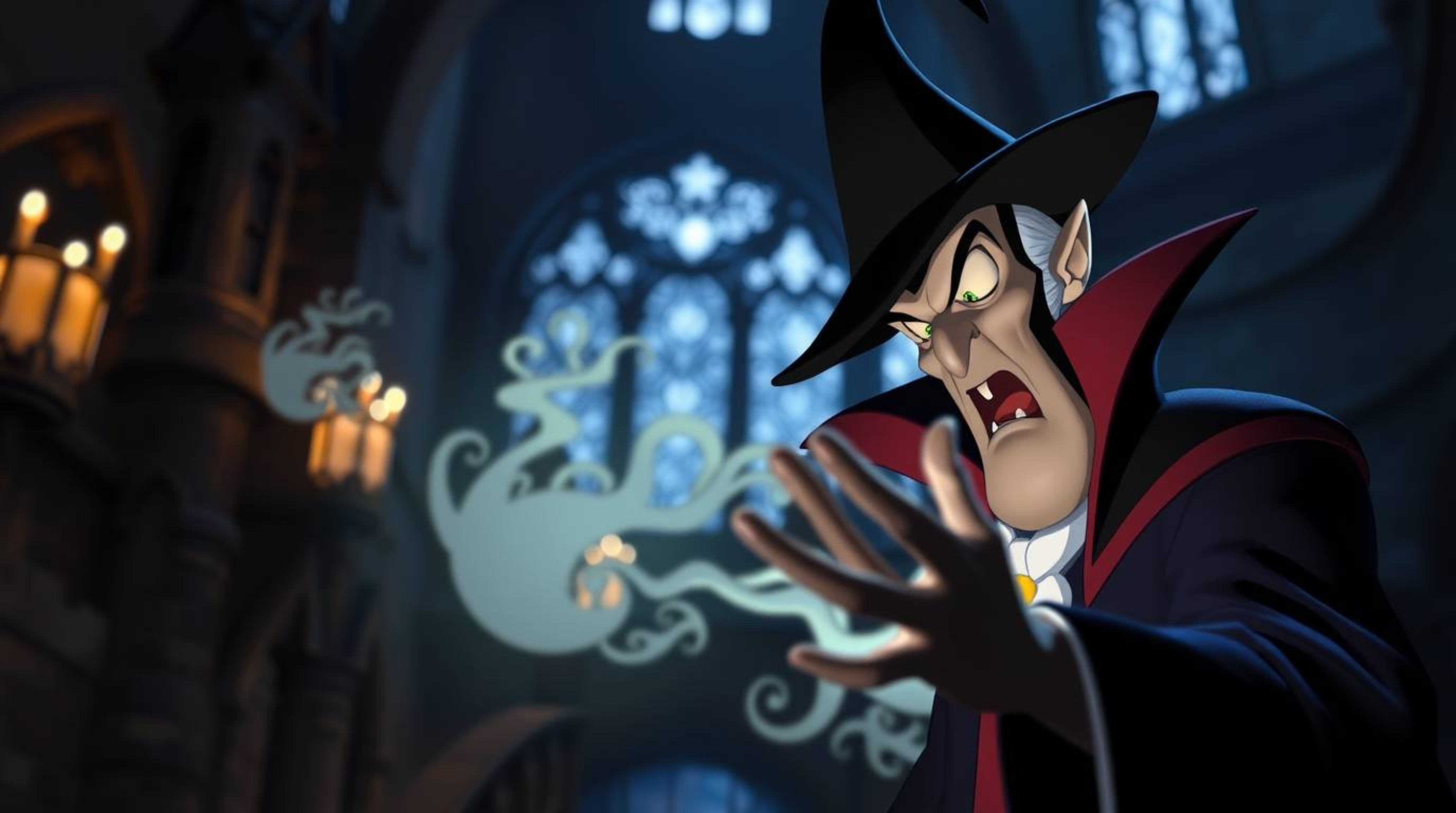 A sharply focused Disney villain casts a spell within the mystical walls of an ancient castle. The background is beautifully 