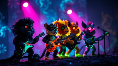 Experience a captivating close-up shot of a cartoon animal band playing rock music, bathed in glowing bioluminescent colors a