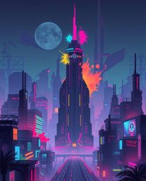 A stunning, modern illustration depicts a grand futuristic cityscape in a cyberpunk style.  The design features vibrant neon 