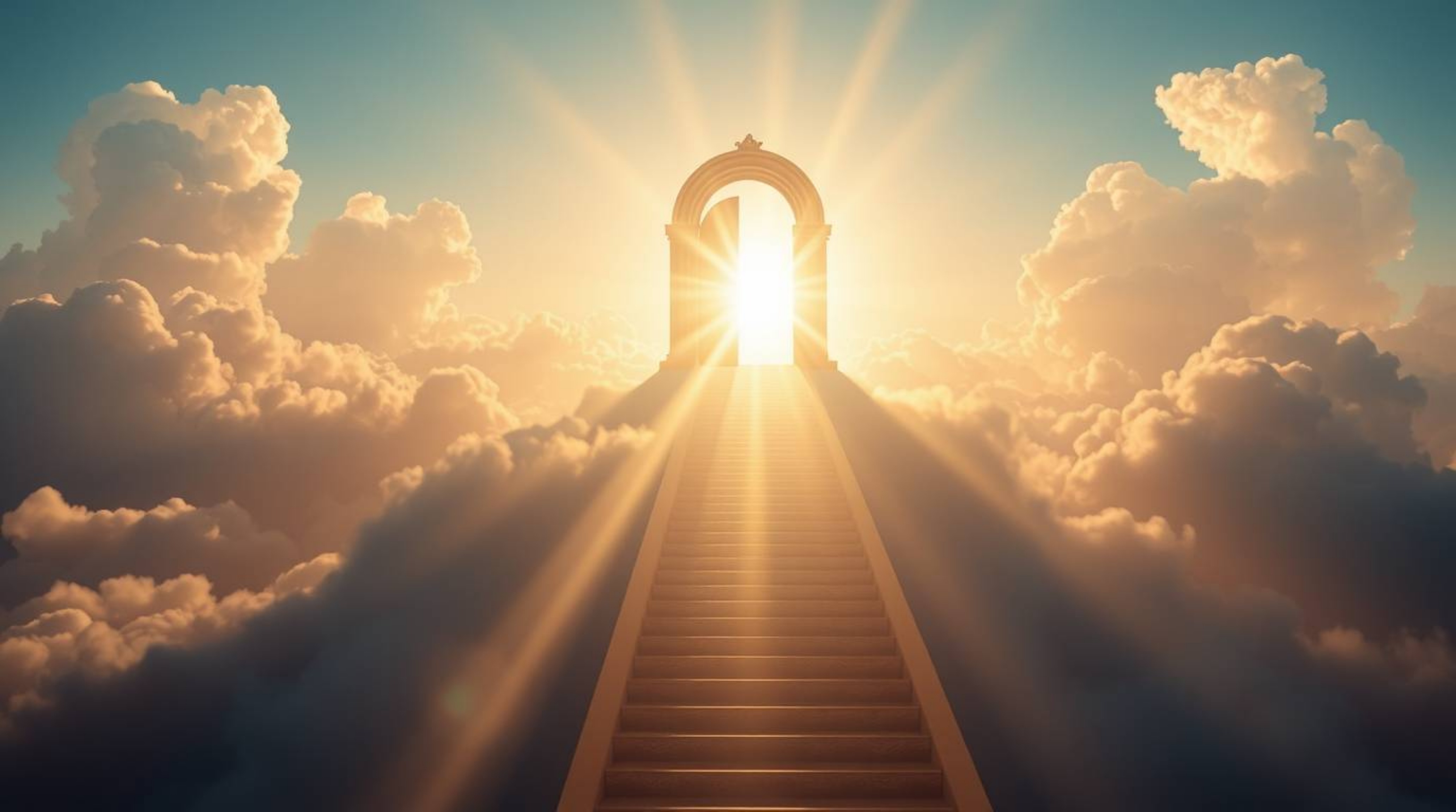 A breathtaking image depicting a heavenly gate floating amidst soft clouds, illuminated by bright lens flares and golden ligh