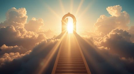 A breathtaking image depicting a heavenly gate floating amidst soft clouds, illuminated by bright lens flares and golden ligh