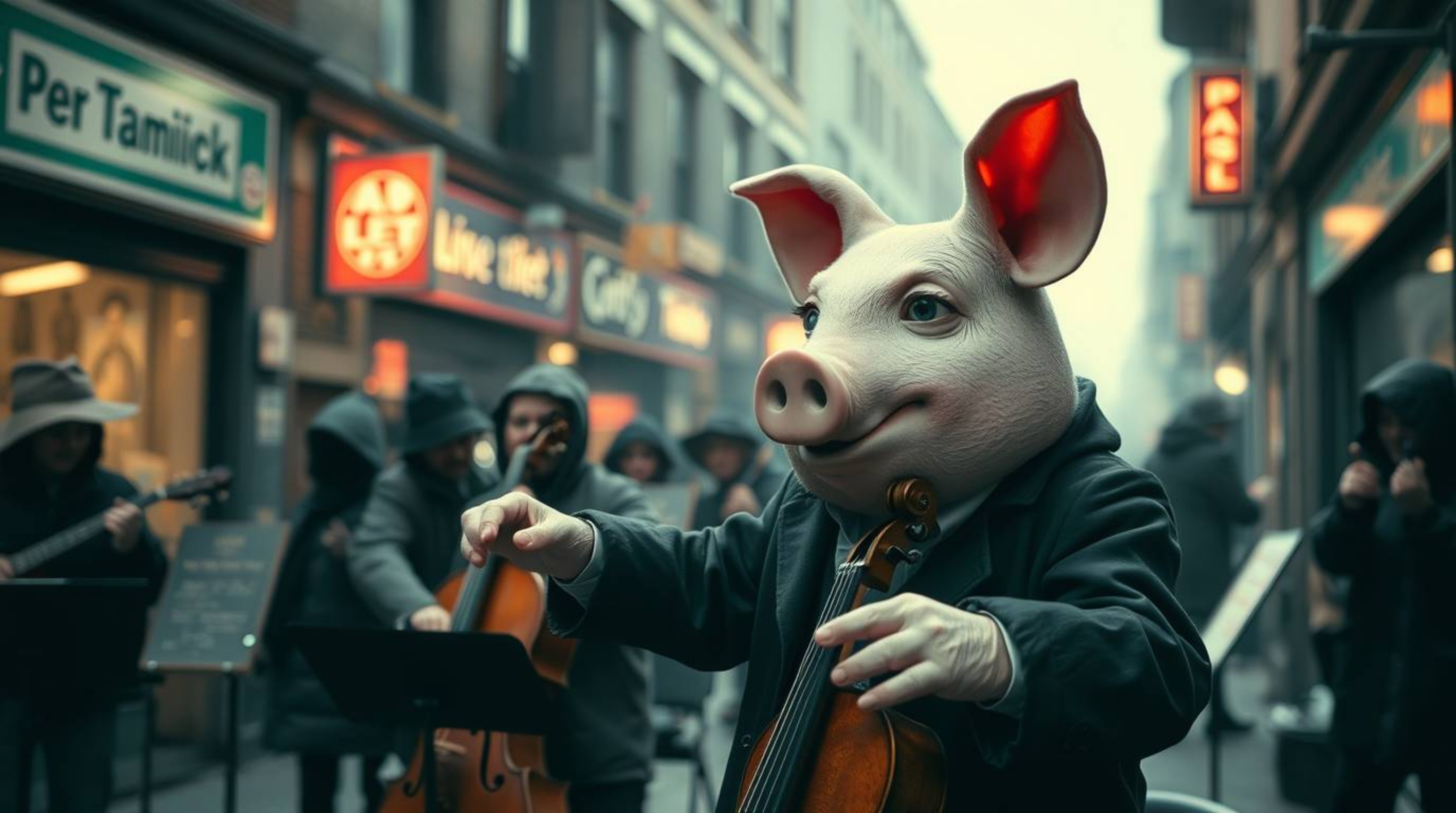 A captivating street photography image depicts a pig character unexpectedly conducting an orchestra in a dark, eerie urban en