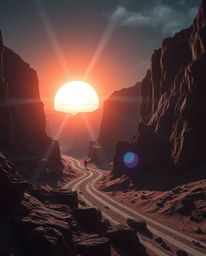 A strong, moody, futuristic sci-fi scene depicts a vibrant sunset illuminating sandstone cliffs. This otherworldly landscape 