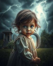 A captivating image depicting a refined child encountering a mystical portal amidst a dramatic, stormy backyard. The scene is
