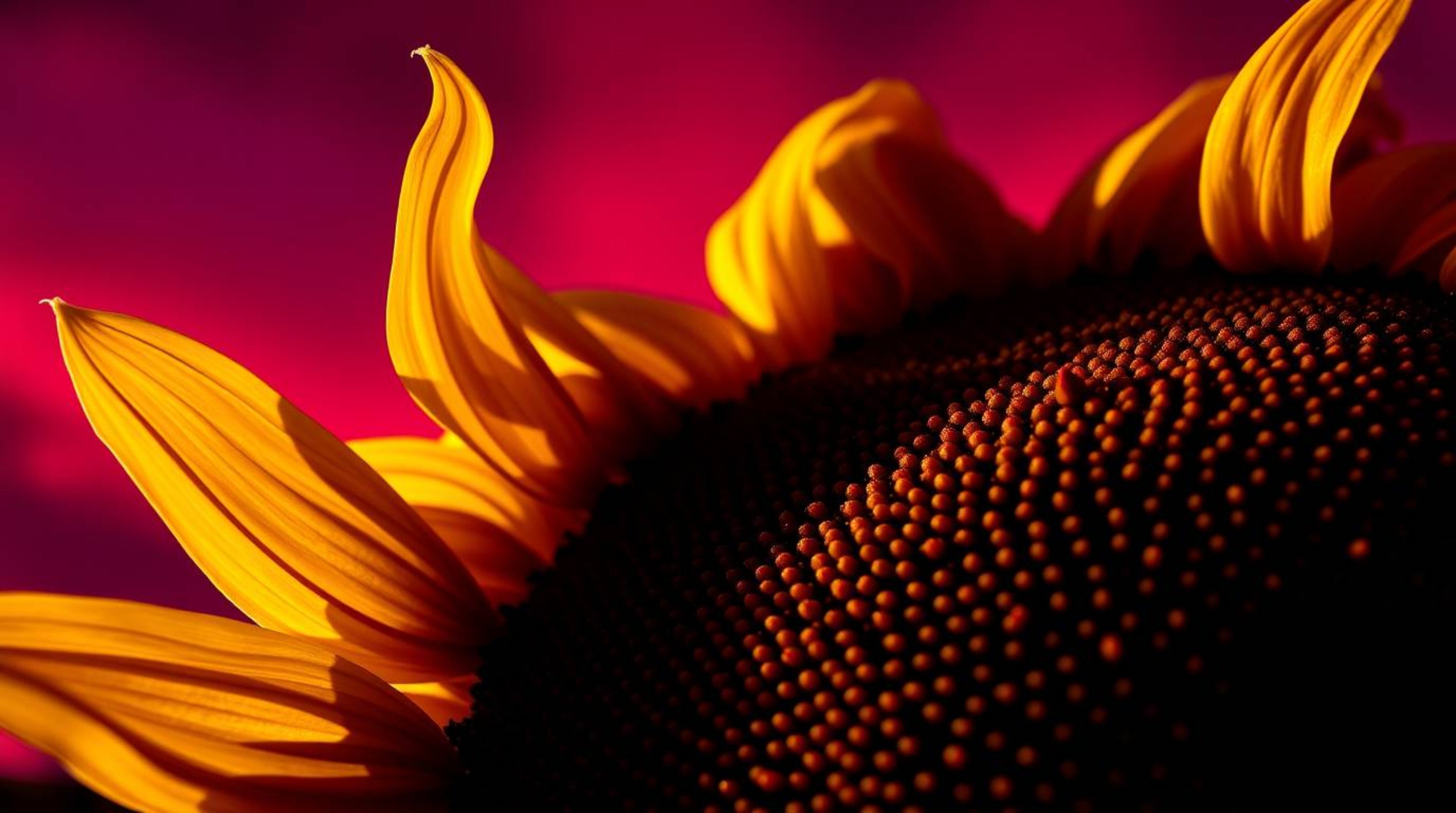 Experience the breathtaking detail of a sunflower in extreme close-up, illuminated by dramatic chiaroscuro lighting.  The ima