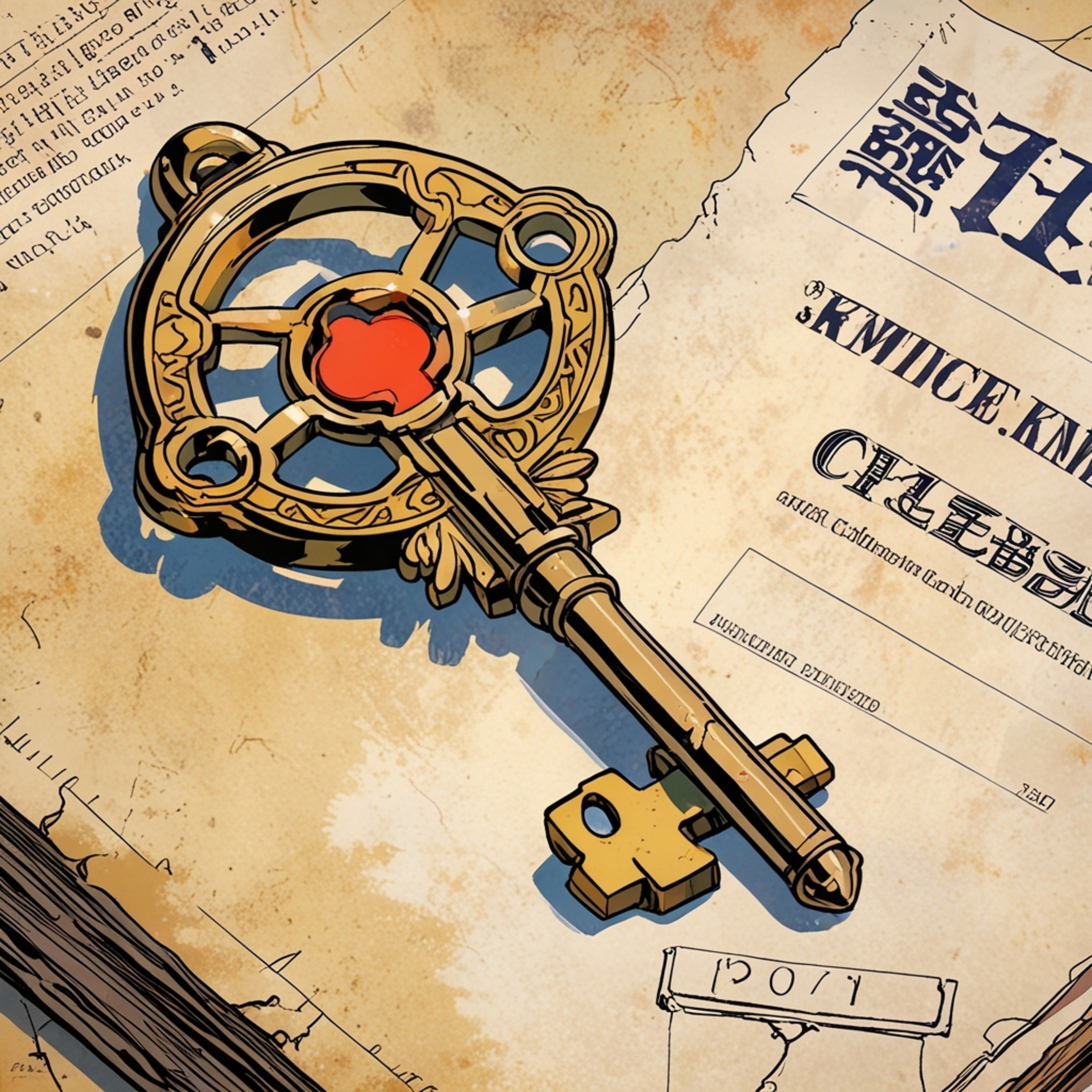 A detailed close-up showcases an ornate brass key elegantly resting on a piece of aged parchment paper. This image evokes a s