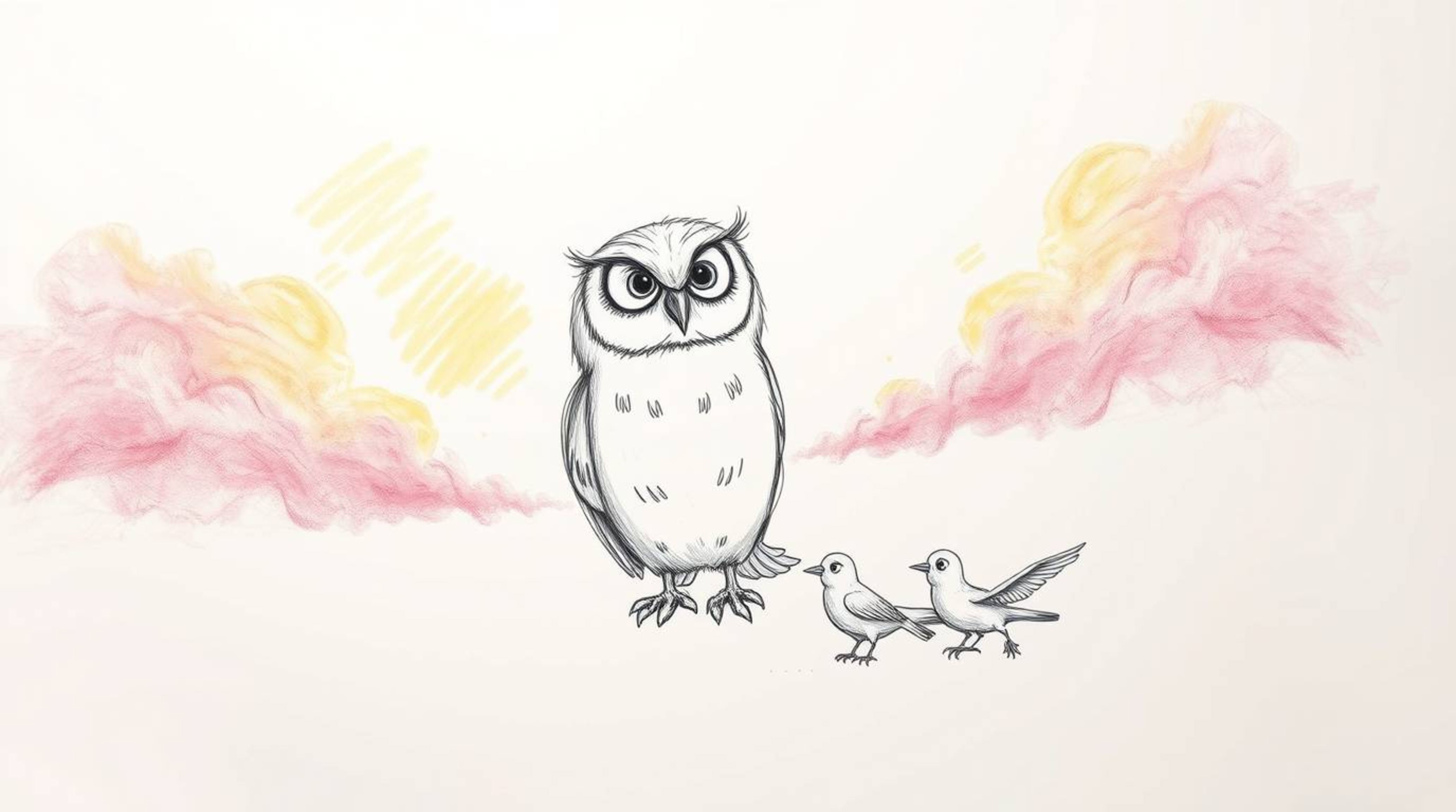 A heartwarming, Pixar-style scene unfolds, showcasing a wise, blind owl with soft plumage patiently teaching a group of eager