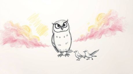 A heartwarming, Pixar-style scene unfolds, showcasing a wise, blind owl with soft plumage patiently teaching a group of eager
