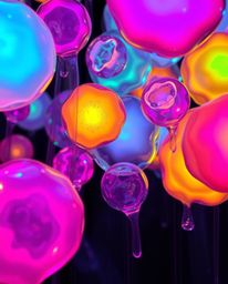 This creative light art piece showcases floating 3D blobs of fluid jelly, rendered in vibrant colors and synthetic textures. 