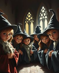 This artwork depicts a magical school teeming with adorable young wizards, rendered in a chiaroscuro style emphasizing contra