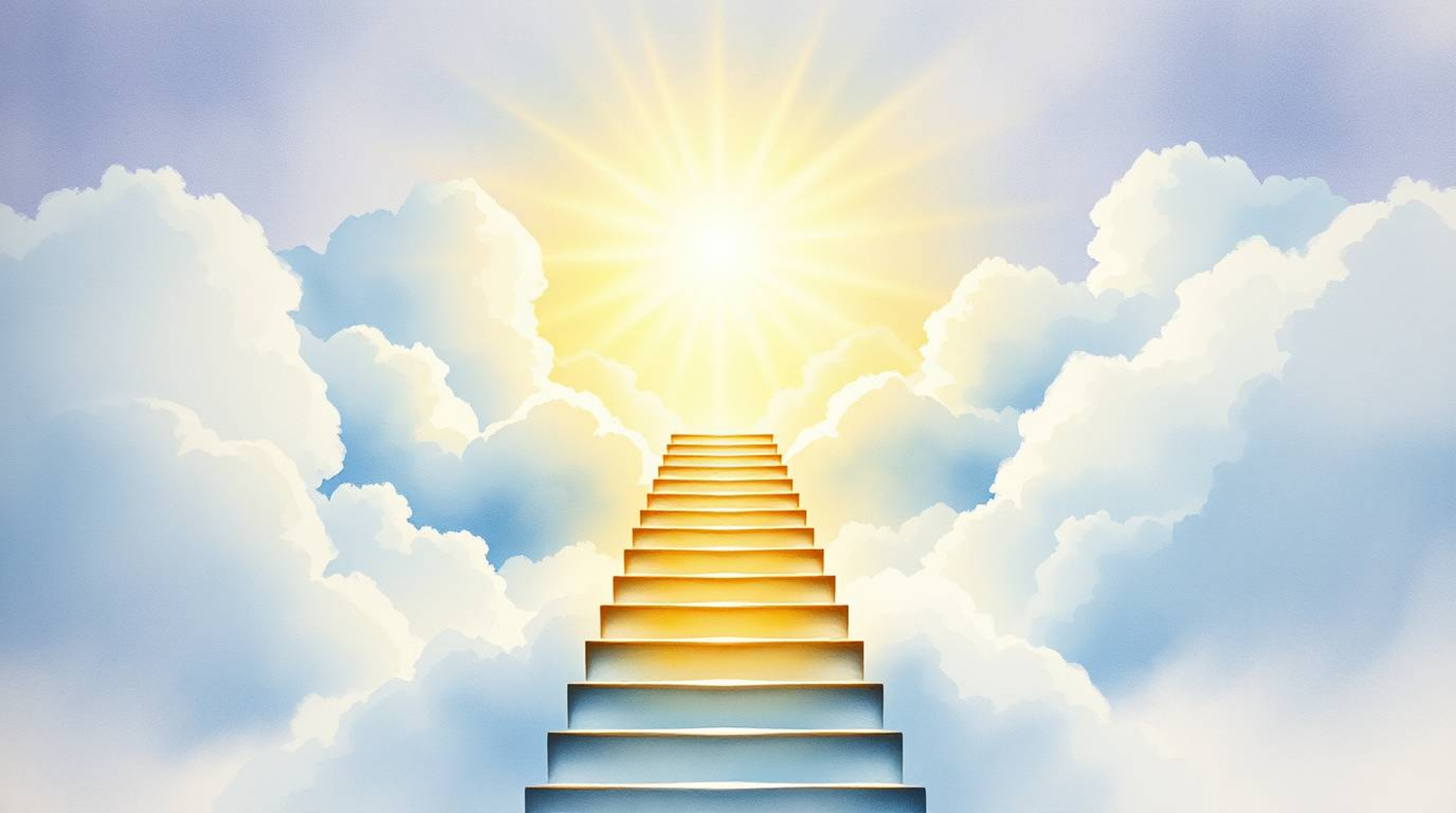 A breathtaking watercolor painting depicts a golden staircase ascending through luminous clouds towards a radiant heaven.  Su