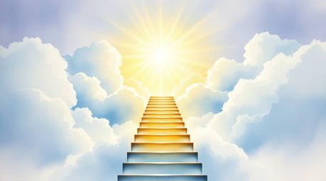 A breathtaking watercolor painting depicts a golden staircase ascending through luminous clouds towards a radiant heaven.  Su