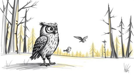 A charming hand-drawn sketch in the style of Pixar depicts a wise, blind owl patiently instructing small birds on the art of 